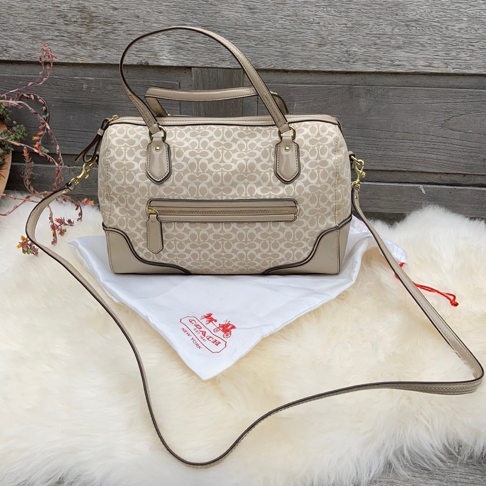 Coach cream and tan crossbody purse, purple lining